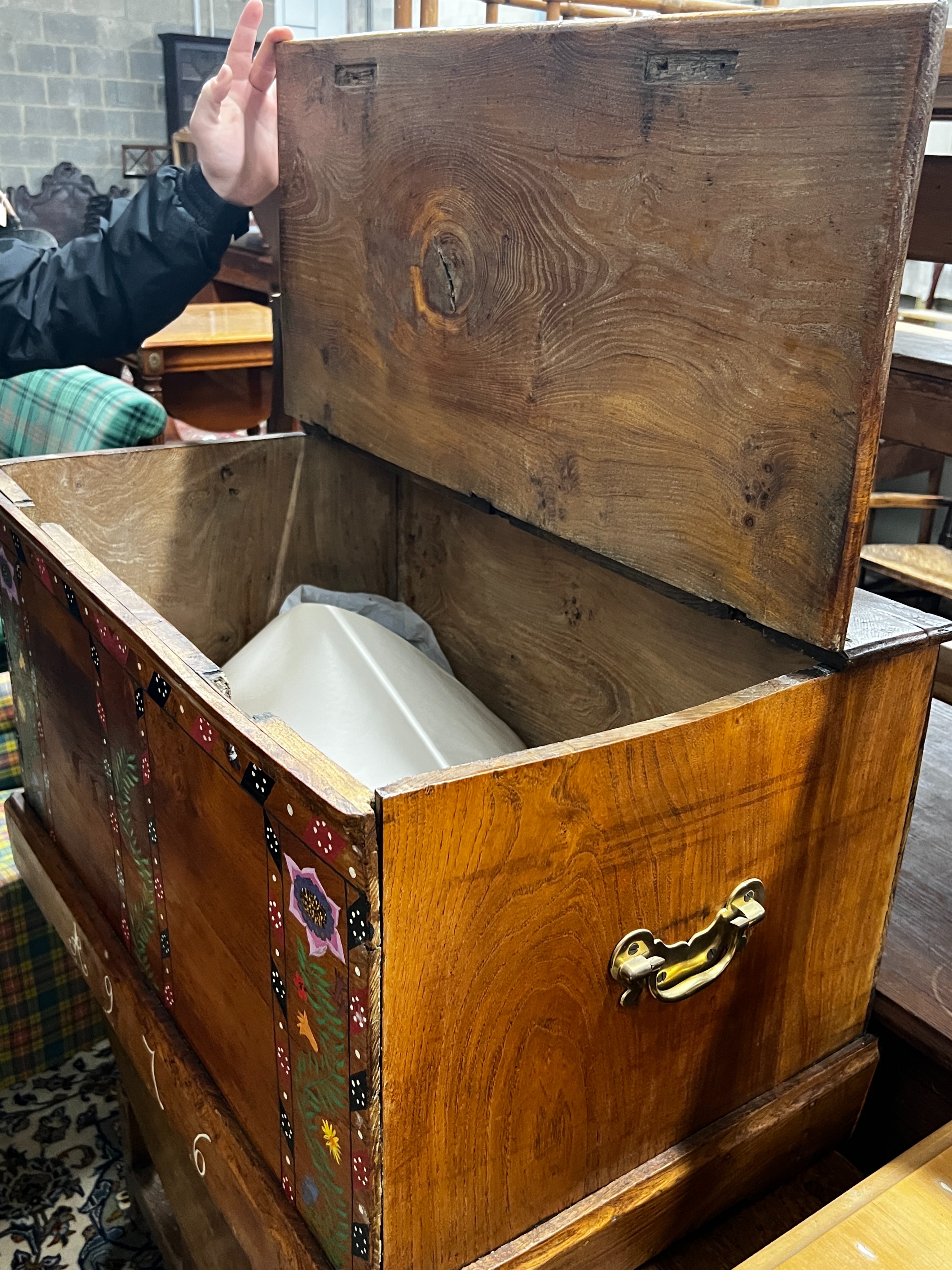 A 19th century later painted elm trunk, length 78cm, width 50cm, height 49cm